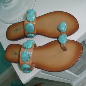 MIA BROWN LEATHER TOE SANDALS WITH TURQUOISE STONES SIZE 6 1/2M NEW